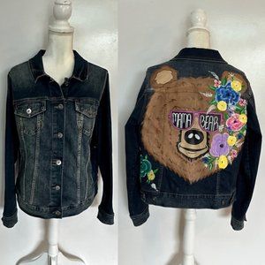 Cool Mama Bear Dark Jean Jacket Custom Hand Painted Sunglasses Floral